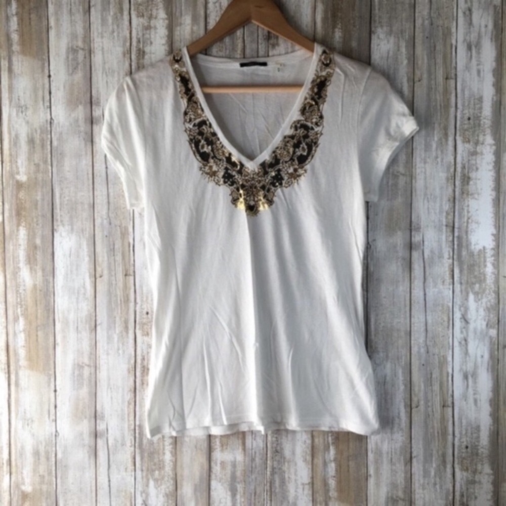 Tahari White Printed Neck Blouse